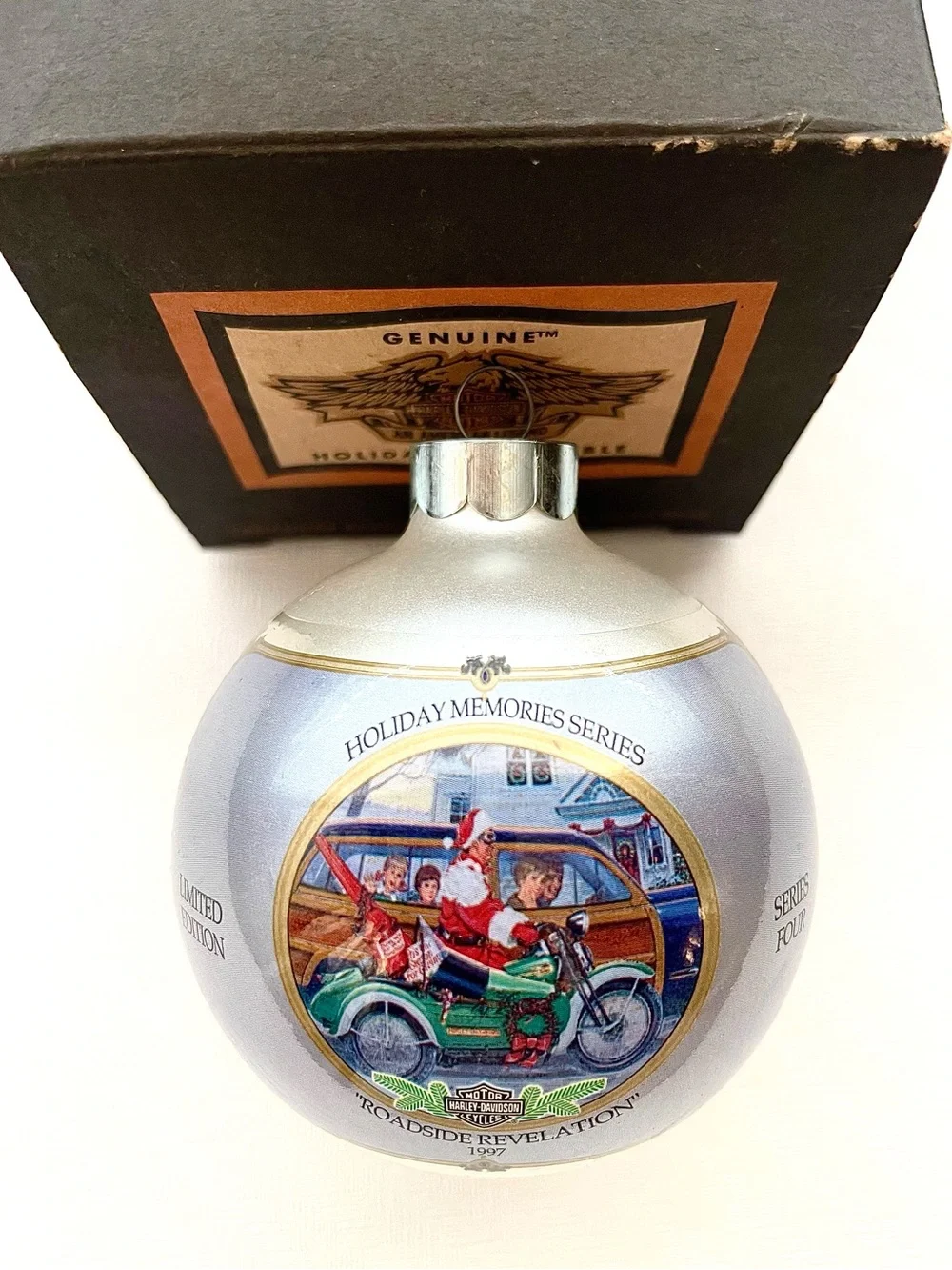HARLEY DAVIDSON Roadside Revelation Glass Ball Christmas Ornament VINTAGE